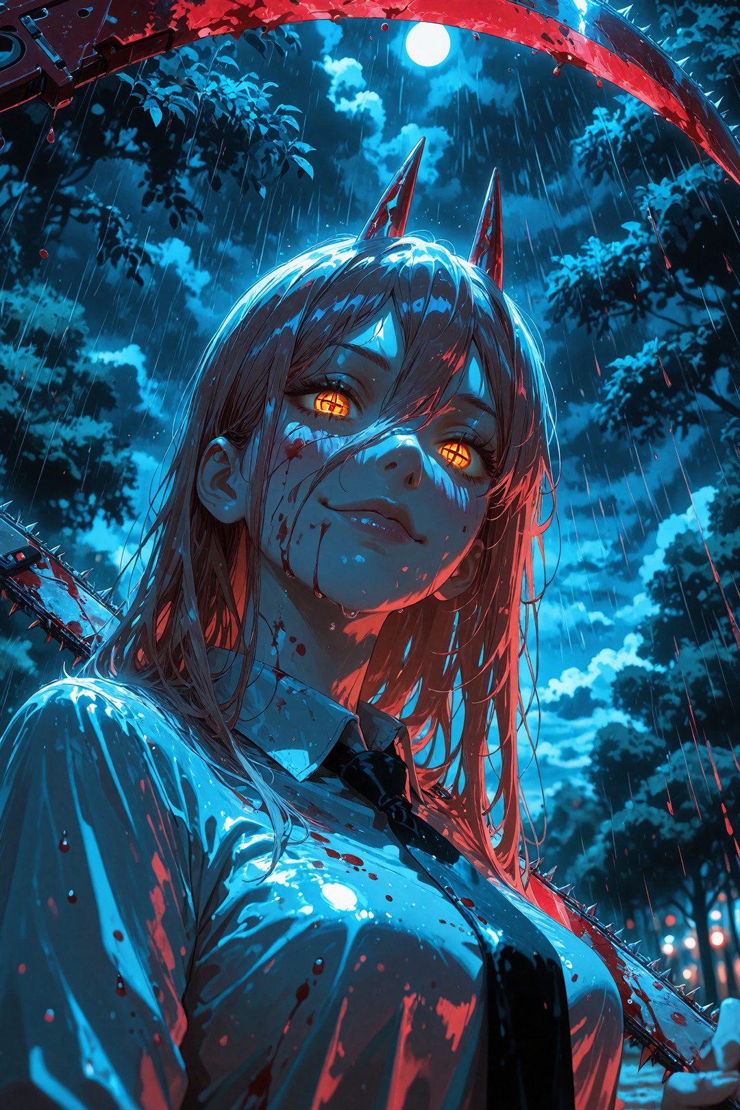 Blue and red rain-lit anime portrait preview
